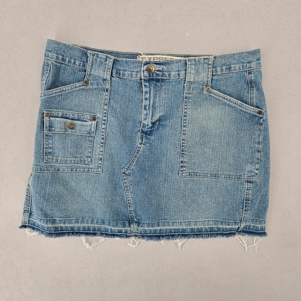 Express Womens Size 11/12 Blue Denim Mini Skirt Cargo Utility Y2K Raw Hem